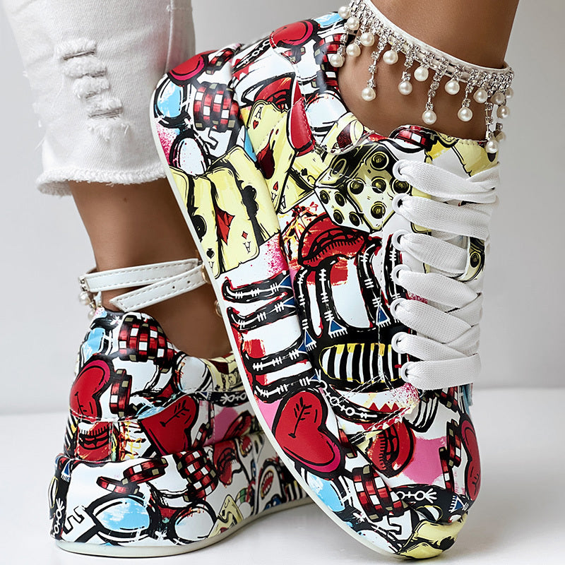 Women's Red Graffiti Print Sports Shoes, Fashion Lace Up Low Top Platform Sneakers, Casual Skate Shoes