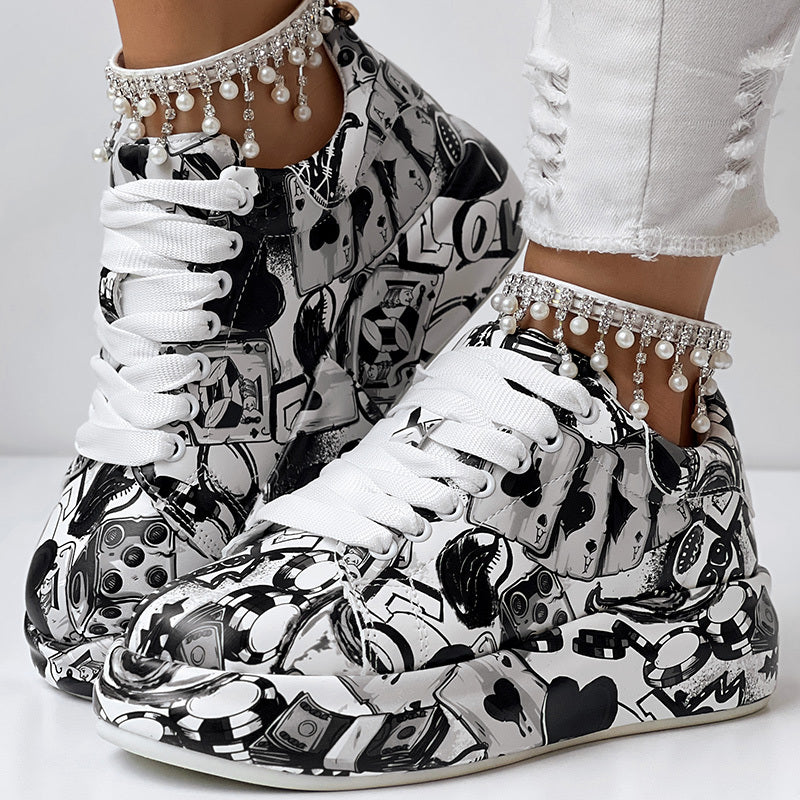Women's Black Graffiti Print Sports Shoes, Fashion Lace Up Low Top Platform Sneakers, Casual Skate Shoes
