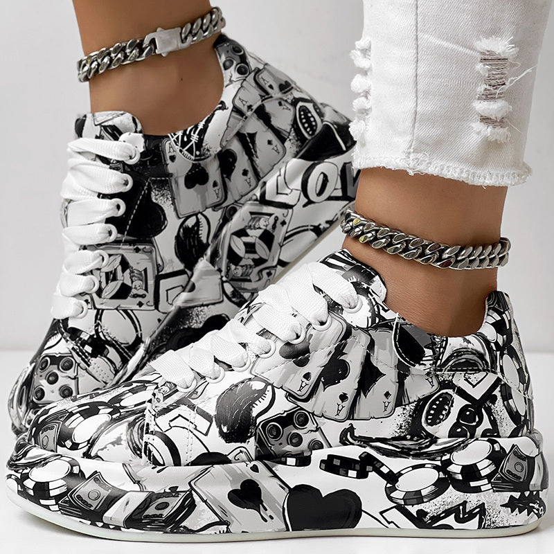Women's Black Graffiti Print Sports Shoes, Fashion Lace Up Low Top Platform Sneakers, Casual Skate Shoes