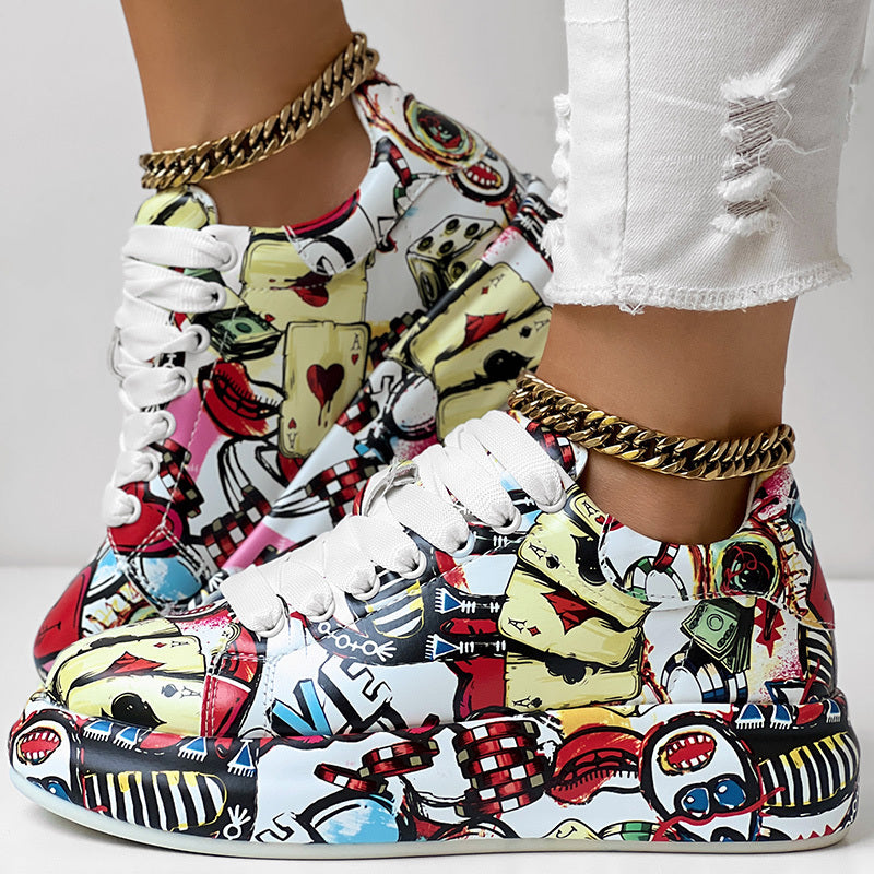 Women's Red Graffiti Print Sports Shoes, Fashion Lace Up Low Top Platform Sneakers, Casual Skate Shoes
