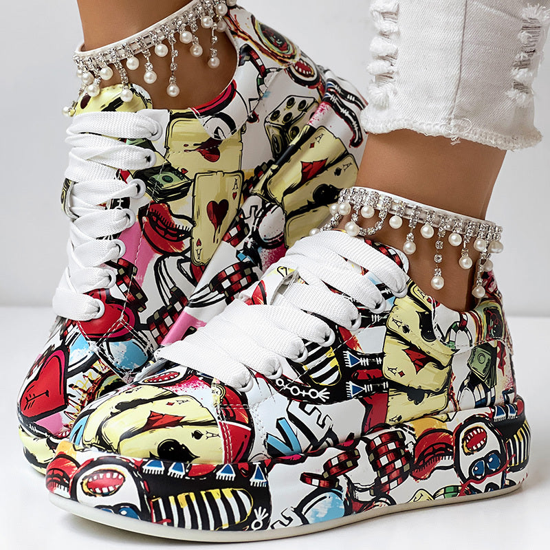 Women's Red Graffiti Print Sports Shoes, Fashion Lace Up Low Top Platform Sneakers, Casual Skate Shoes