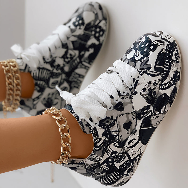 Women's Black Graffiti Print Sports Shoes, Fashion Lace Up Low Top Platform Sneakers, Casual Skate Shoes