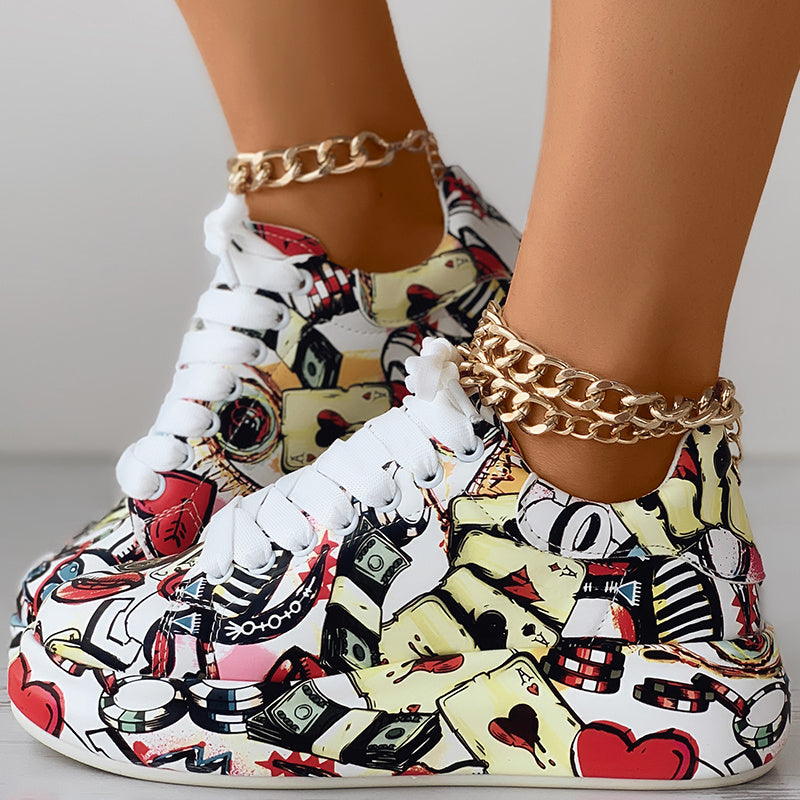 Women's Red Graffiti Print Sports Shoes, Fashion Lace Up Low Top Platform Sneakers, Casual Skate Shoes