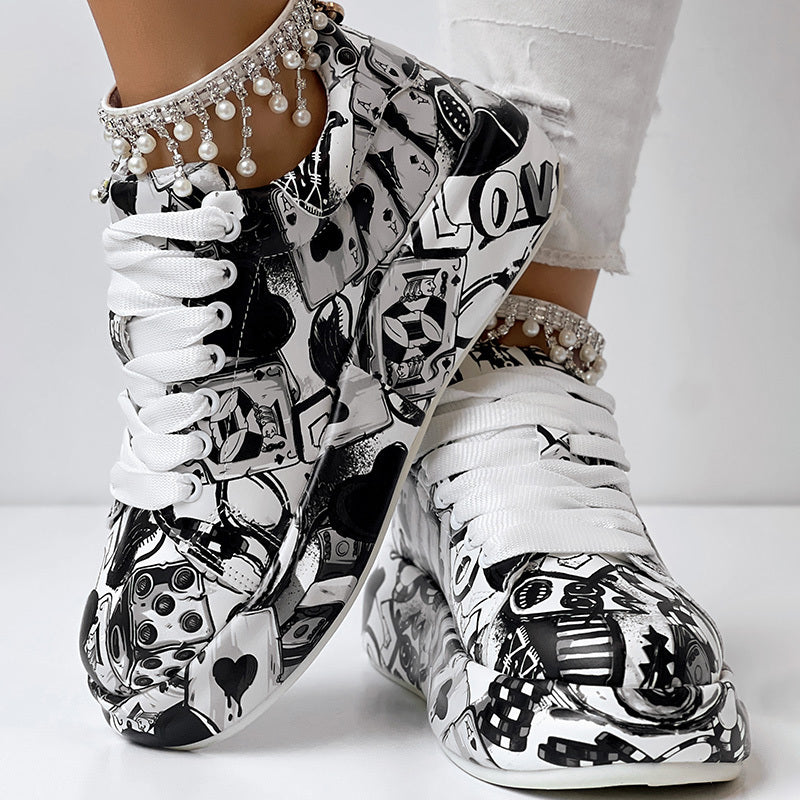 Women's Black Graffiti Print Sports Shoes, Fashion Lace Up Low Top Platform Sneakers, Casual Skate Shoes