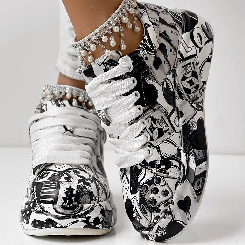 Women's Black Graffiti Print Sports Shoes, Fashion Lace Up Low Top Platform Sneakers, Casual Skate Shoes