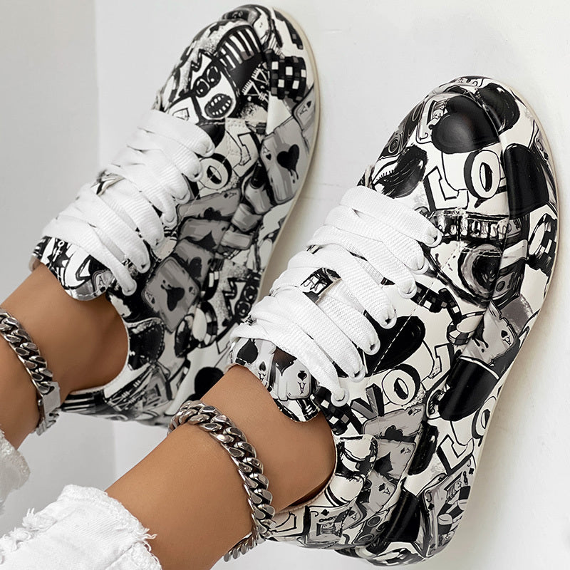 Women's Black Graffiti Print Sports Shoes, Fashion Lace Up Low Top Platform Sneakers, Casual Skate Shoes