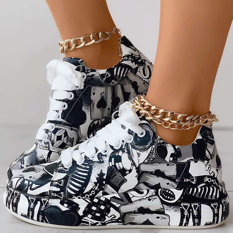 Women's Black Graffiti Print Sports Shoes, Fashion Lace Up Low Top Platform Sneakers, Casual Skate Shoes
