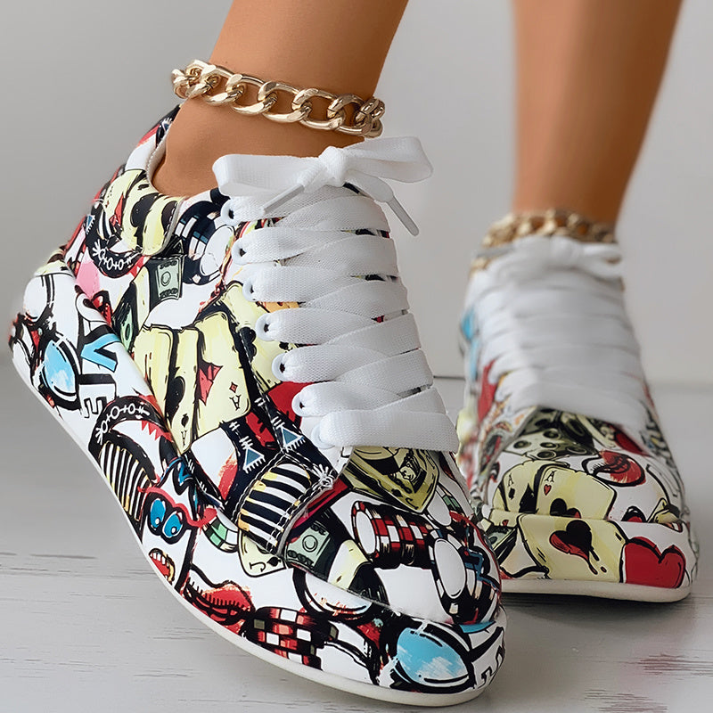 Women's Red Graffiti Print Sports Shoes, Fashion Lace Up Low Top Platform Sneakers, Casual Skate Shoes