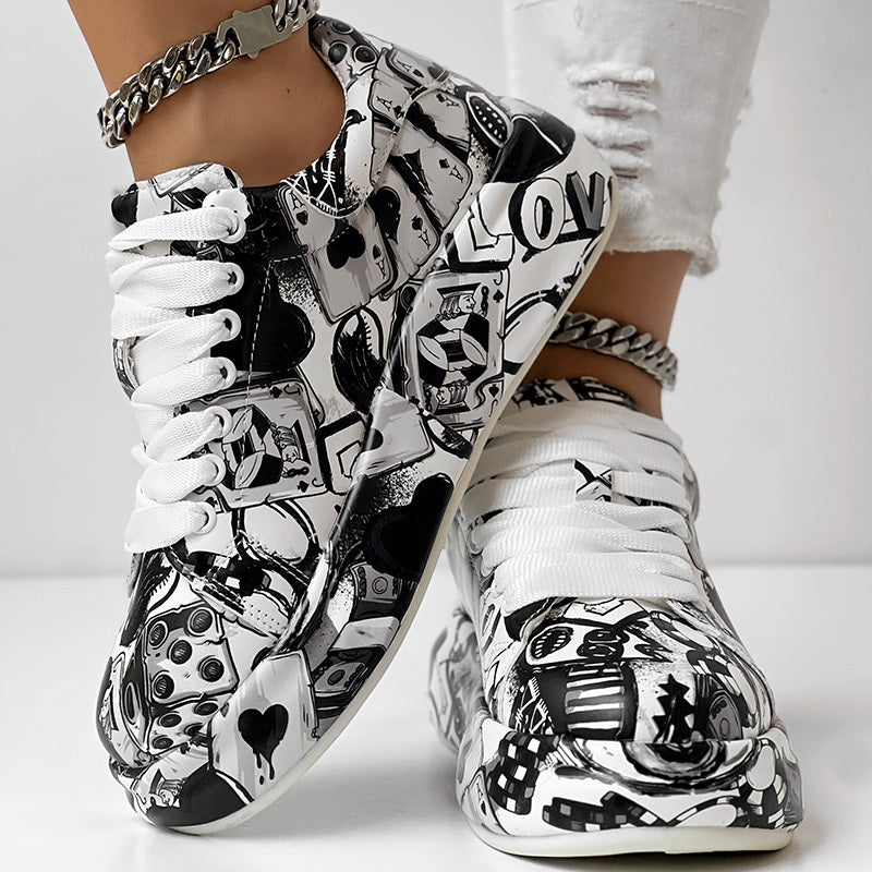 Women's Black Graffiti Print Sports Shoes, Fashion Lace Up Low Top Platform Sneakers, Casual Skate Shoes