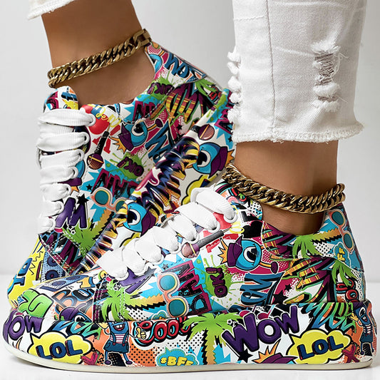 Women's Multicolor Graffiti Print Sport's Shoes, Fashion Lace Up Low Top Platform Sneakers, Casual Skate Shoes