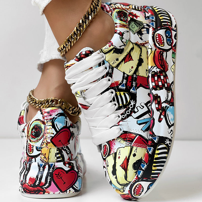 Women's Red Graffiti Print Sports Shoes, Fashion Lace Up Low Top Platform Sneakers, Casual Skate Shoes