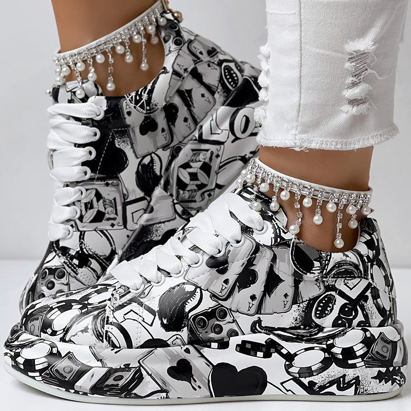 Women's Black Graffiti Print Sports Shoes, Fashion Lace Up Low Top Platform Sneakers, Casual Skate Shoes