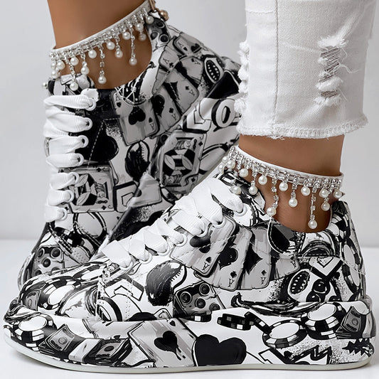 Women's Black Graffiti Print Sports Shoes, Fashion Lace Up Low Top Platform Sneakers, Casual Skate Shoes